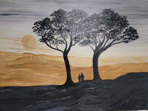 Two people standing between two trees on a gold and gray landscape